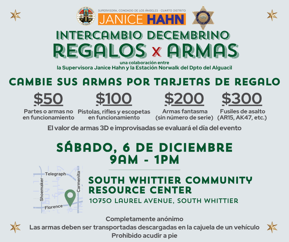 A rectangular flyer in Spanish features the County of Los Angeles seal, a gold star graphic, and the name 'Janice Hahn' at the top next to a sheriff’s badge; large green and red text reads 'Intercambio Decembrino Regalos x Armas' with smaller text below stating 'una colaboración entre la Supervisora Janice Hahn y la Estación Norwalk del Dpto del Alguacil'; the flyer lists gift card amounts: '$50 Partes o armas no en funcionamiento', '$100 Pistolas, rifles y escopetas en funcionamiento', '$200 Armas fantasma (sin número de serie)', '$300 Fusiles de asalto (AR15, AK47, etc.)'; below this is text stating 'El valor de armas 3D e improvisadas se evaluará el día del evento'; large green text announces 'Sábado, 6 de Diciembre 9am - 1pm'; a small map with a location pin appears above the venue name 'South Whittier Community Resource Center 10750 Laurel Avenue, South Whittier'; at the bottom text reads 'Completamente anónimo' and 'Las armas deben ser transportadas descargadas en la cajuela de un vehículo Prohibido acudir a pie'. 